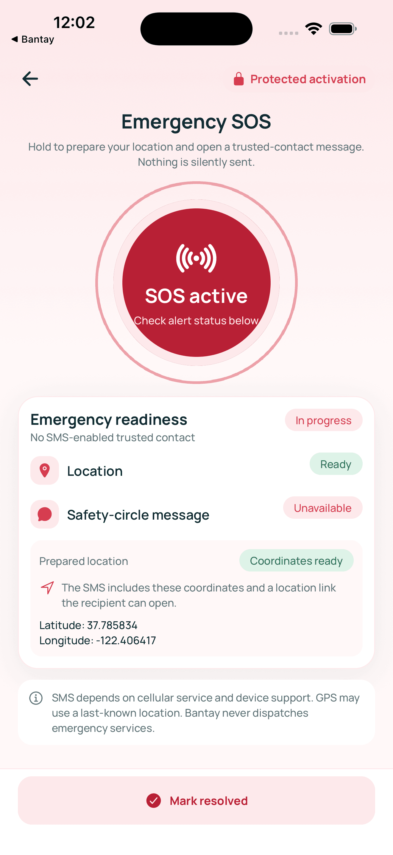 Bantay Emergency SOS active screen with prepared location status