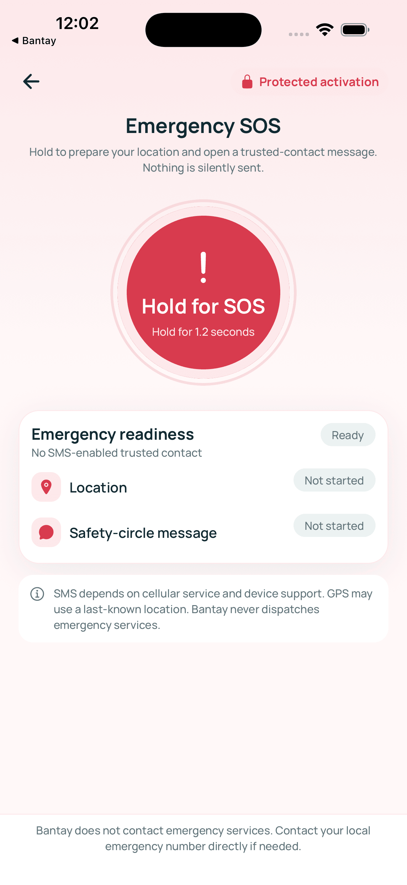 Bantay Emergency SOS protected hold-to-activate screen